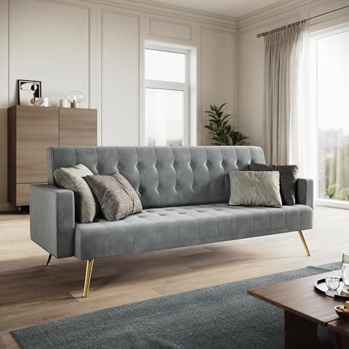 Image of ELEGANT Grey Velvet Sofa Bed, Modern 3 Seater Click Clack Luxury Sofas Settee Recliner Couch with Square Armrest, Button Tufted Seat Cushion, Lounge Compact Sofa for Living Room, Bedroom, Apartment