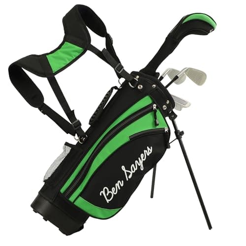 Image of Ben Sayers Junior Stand Bag Golf Package Set | Kids Starter with 4 Clubs | Lightweight Graphite Shafts & Soft Grips | Oversize Driver, Irons, Putter, Bag & Headcovers (Black/Green, 5-8 years)