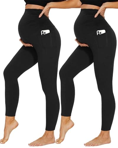 Image of DDOBB 2 Pack Maternity Leggings Over Bump with Pockets High Waist Black Soft Belly Support Stretchy Pregnancy Pants Yoga Workout Pajama Trousers