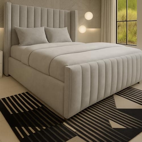 Image of Luxury Chesterfield Winged Panel Bed Frame |- Double King Superking Sizes - Optional Gas Lift & Mattress - UK Made (Silver Plush, Double 4ft6 Bed Frame)