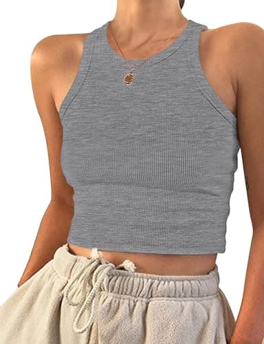 Image of PLOKNRD Womens Tops Ladies Crop Tank Top Vests Summer Basic Clothing Grey XS