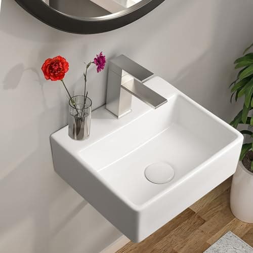 Image of Warmiehomy Bathroom Vessel Ceramic Sink Wall Mounted,Rectangle Ceramic Basin with Waste Drainer Fixing Kit for Bathroom Cloakroom (White,32x29x11cm)