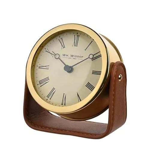 Image of WM.Widdop. Gold Mantel Clock On Light Brown Leather Stand - W2942