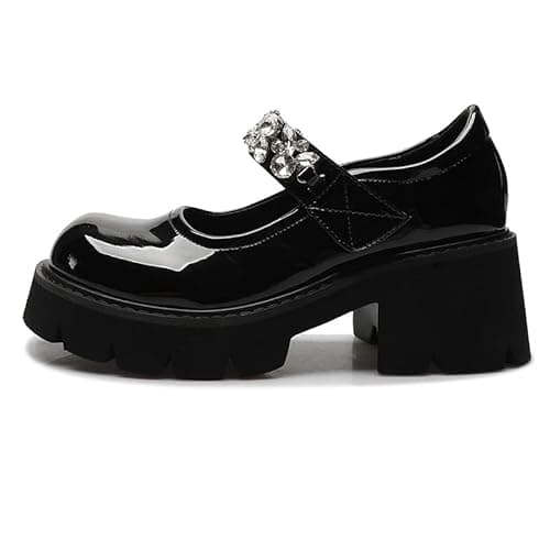 Image of SWZEC Women's Mary Jane Platform Buckle Strap Chunky Heel Shoes Size 2 UK (Black)