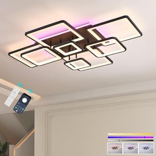 Image of ZAITINZ Modern LED Flush Mount Ceiling Light - Sleek Black 8-Ring 100W Dimmable Fixture with Remote Control, 3000-6000K for Living Room, Bedroom,Kitchen, Balcony