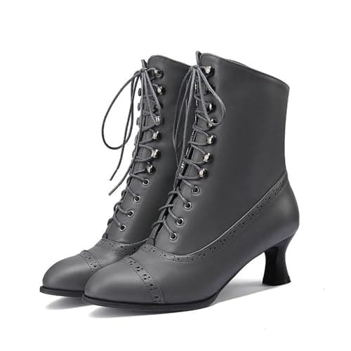 Image of Victorian Boots for Women Vintage Lace up Ankle Boots Round Toe Kitten Heel Booties with Side Zipper