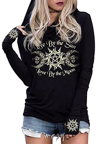 Image of Womens Long Sleeve Hoodie Shirts Live by The Sun Love by The Moon Hoodie Tops Gothic Novelty Graphic Pullover Tee Shirts, Black, M