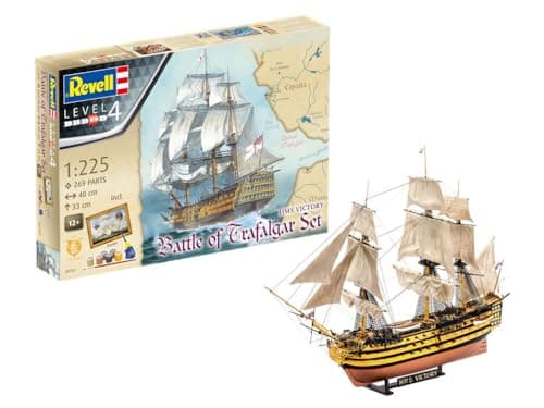 Image of Revell Gift Set 05767 "Battle of Trafalgar HMS Victory 1:225 Scale Unbuilt Plastic Model Kit with Contacta Professional Glue, Paintbrush, Selected Aqua Color Paints & Poster
