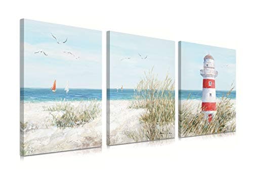 Image of Lighthouse Decor Coastal Nautical Pictures: 3 Panels Ocean Wall Art Seagull Seascape Morning Wall Decor Sailboat Decoration Seabirds Cottage Canvas Print Grass Picture for Living Room (30x40CMx3)