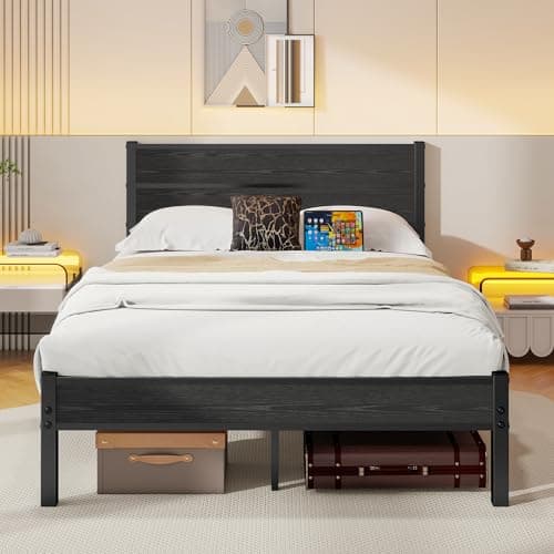 Image of DUMEE Double Bed Frame with Wooden Headboard and Footboard, Metal Wooden Bed Frame 4ft6 Under Bed Storage, Enhanced Support (Black Oak)