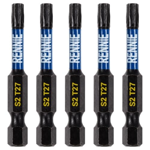 Image of 5 x Rennie Tools 50mm Long T27 TX27 Impact Screwdriver Driver Bits Set. Heavy Duty Magnetic Torx Screwdriver Bit Set. Black Oxide Coated Torx Impact Driver Bits. Torx Bit Set.