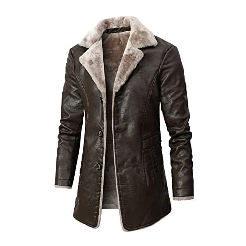 Image of Mens Fashion Faux Leather Jackets Winter Warm Faux Fur Lined Coats Long Sleeve Notched Lapel Slim Fit Outerwear Brown