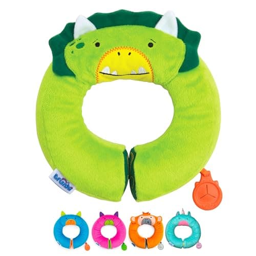 Image of Trunki Kid's Travel Neck Pillow And Chin Rest | Support Sleepy Heads in the Car Seat, Plane, Bike or Pram | Yondi SMALL Dudley Dinosaur (Green)