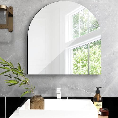 Image of DRERIO 50cm Wall Mirror Arch HD Self Adhesive Glass Mirror, Large Arched Glass 20'' Makeup Frameless Half-circle Adhesive Tile Mirrors, for Bathroom Living Room Entryway Hallway Dressing Table