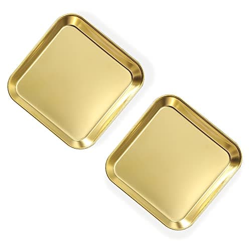 Image of 2 Pack Stainless Steel Dinner Plates, Thickened Metal Dish Plate for Food, Small Square Serving Tray for Appetizer Cookie Steak Dessert Salad Dental (Gold)