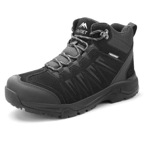 Image of OUTJET Men's Waterproof Hiking Boots Lightweight Comfortable Leather Mid Ankle Outdoor Trekking Boot Black