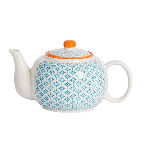Image of Nicola Spring Hand-Printed Teapot - 820ml - Traditional Decorative Blue Floral Pattern Porcelain Tea Pot with Orange Lid Tableware Large Teapot for Tea, Milk