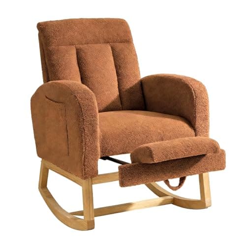 Image of Aptliton Modern Soft Rocking Recliner Chair with Adjustable Footrest,High Back Glider with Side Pocket,Comfortable Stuffed Upholstery for Living Room, Bedroom, Nursery,Raw Wood Legs, Beige