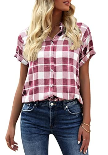 Image of GeGekoko Women's Plaid Blouse Short Sleeve Checked Shirt with V-Neck Summer Buttons Down Tunic Tops, Pink, XL