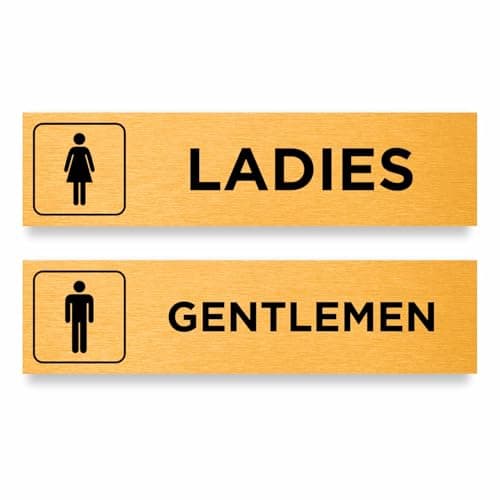 Image of Slimline Aluminium Toilet Door Signs Twin Pack from ViroDisplay® - Gentlemen & Ladies Symbols - Brushed Gold - 200 x 50mm - Durable Printed Surface - Self-Adhesive Fixing