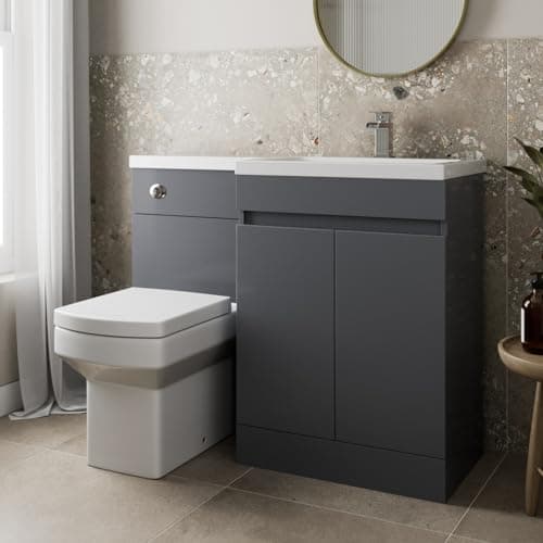 Image of Artis® Centro 1100mm Combination Vanity Unit Furniture Set, Wash Basin Bathroom Sink, BTW Toilet WC Pan & Soft Close Seat, L Shaped Storage Cabinet, Right Hand, Grey Gloss