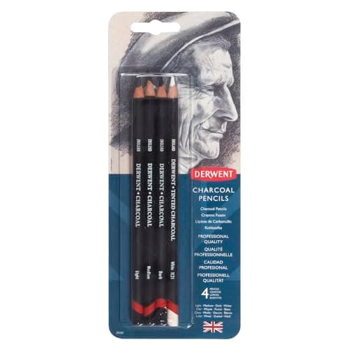 Image of Derwent Charcoal Drawing Pencils, Professional Quality, 39000, Light, Dark and Tinted Charcoal White, Black, Set Of 4, Medium