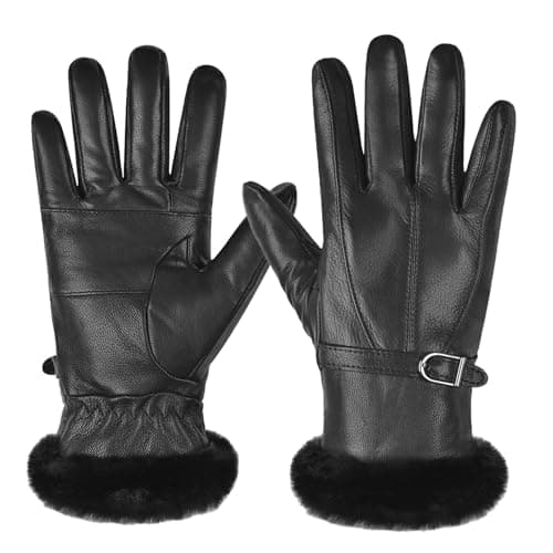 Image of Harssidanzar Leather Gloves For Womens Thermal Lined Winter Sheepskin Leather Gloves SL022UK,Black,Size S