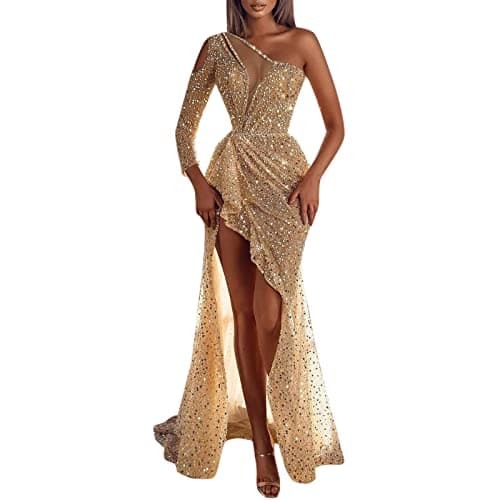 Image of Long Dress for Women UK Elegant Party - Women's One Shoulder Sequin Sparkling Party Club Dress - Tulle Dresses Drop Waist Dresses Curvy Dresses Ladies Sparkly Dress Formal Evening Dresses Beige