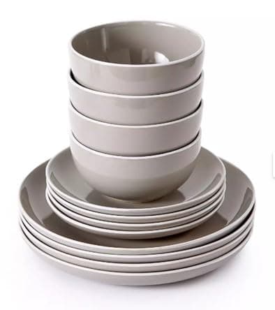 Image of Waterside 12pc Grey & White Rim Stoneware Dinner Set, Round; 4 Dinner Plates, 4 Side Plates and 4 Deep Bowls - Dishwasher and Microwave Safe
