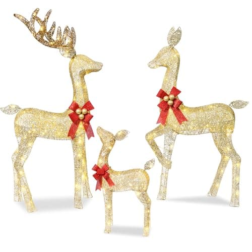 Image of Aubiwe 3-Piece Pre-Lit Reindeer Family with 750 Warm White LEDs, Indoor/Outdoor Light-Up Christmas Decorations - Sturdy Metal Frame Festive Stag Ornaments with Red Bows for Garden, Lawn & Home