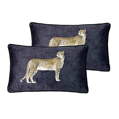 Image of Paoletti Cheetah Forest Polyester Filled Cushions (Twin Pack), Navy, 30 x 50cm