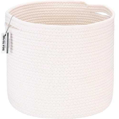 Image of Sea Team Large Laundry Basket Woven Storage Basket with Handles for Clothes, Toys, Towels - 38x38x33cm, Stylish Home Decor Hamper WHITE