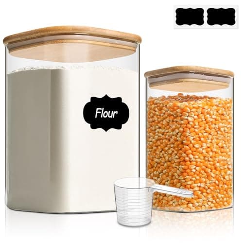 Image of ComSaf 3.4L/1.1L Square Glass Jars with Bamboo Lids, Large Glass Storage Jars, Wide Mouth Food Storage Container with Airtight Lids for Flour, Sugar, Rice, Pasta, Oats, Grains, Snacks, Candy