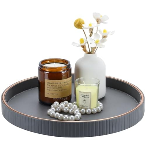 Image of KINGFOM Round Tray, Candle Plate, PU Leather Large Tray Perfume Plate, Coffee Table Decor, Decorative Serving Trays Dining Table Accessories, 30 cm (Gray)