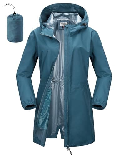 Image of Outdoor Ventures Women's Rain Jacket Waterproof Packable Rain Coat Long Lightweight Packaway Windbreaker Breathable Running Golf Cycling Jacket with Hood Ceramic Blue M/UK12