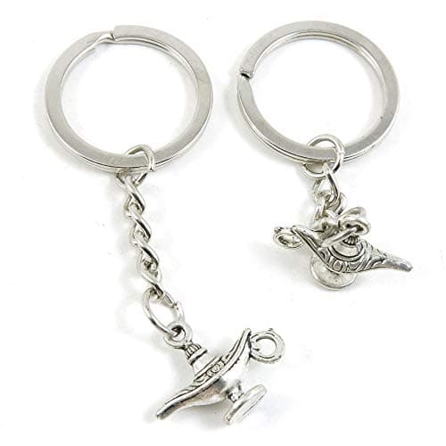 Image of 5 Pieces Antique Silver Tone Keychain Keyring Keytag L4AB4R Aladdin Genie Magic Lamp Key Chain Ring Tag Jewelry Making Charms