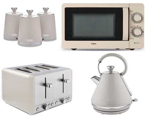 Image of Tower Cavaletto Latte Pyramid Kettle, 4 Slice Toaster, 800W 20L Microwave T24042MSH & Canisters Set. Contemporary Matching Kitchen Set of 6 in Latte Colour, TWRCAVPKT4MICCANSLATTE