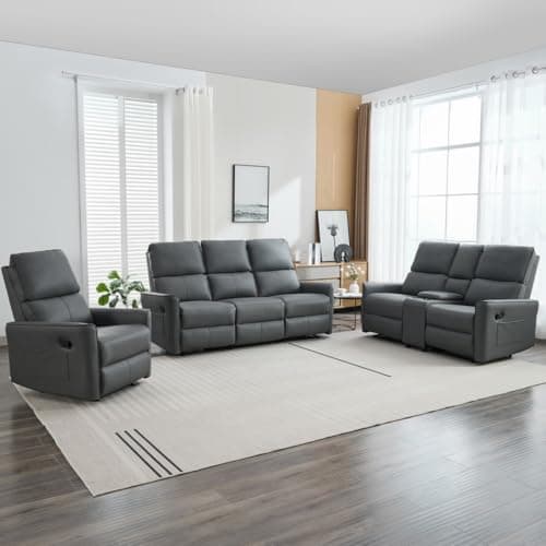 Image of More4Homes MADRID 1+2+3 SEATER w CONSOLE MANUAL RECLINER AIR LEATHER SOFA SET (Grey)