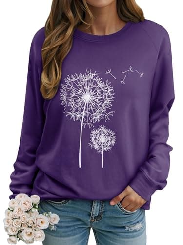 Image of Dresswel Women Dandelion Print Sweatshirt Crew Neck Long Sleeve Tops Basic Jumper Tunic Blouse Shirts(Purple, 2XL)