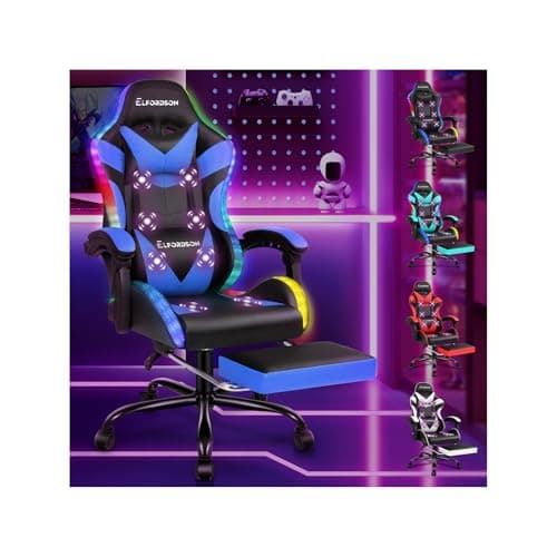 Image of ELFORDSON LED Gaming Chair with 8-Point Massage, Ergonomic Computer Office Chairs with Headrest, Lumbar Cushion, Footrest, RGB Light, High Back 150° Reclining, 360° Swivel, PU Leather, Blue