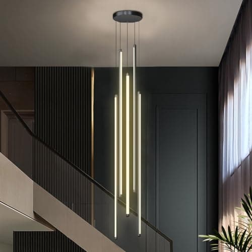 Image of Dimmable LED Staircase Pendant Light - Modern 12-Head Rotating Chandelier Adjustable Aluminum Ceiling Fixture for Living Room Hotel Hallway - Warm Light Design