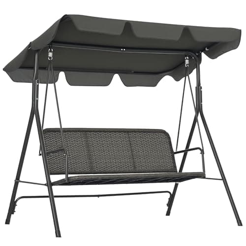 Image of Outsunny 3-Seater Outdoor PE Rattan Swing Chair, Patio Wicker Hanging Swing Bench with Steel Frame Stand & Adjustable Canopy, Grey