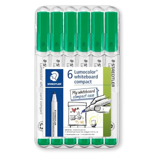 Image of STAEDTLER 341 Compact Lumocolor Whiteboard Marker Pen - 1-2mm Bullet Tip - Dry Erase Markers - Wallet Pack of 6 Pens (Green)