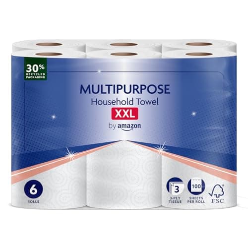 Image of by Amazon Multipurpose Kitchen Roll, 3-Ply, XXL Household Towel, 6 Rolls (Pack of 1), 100 Sheets per Roll, FSC Certified