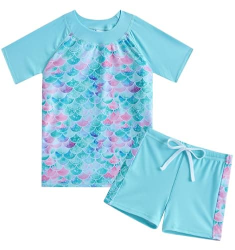 Image of Fanient Girls Swimming Costume Toddler Kids Two Pieces Short Sleeve Swimsuit UPF 50+ Protection Bathing Suit Mermaid Swim Set for 4-5 Years