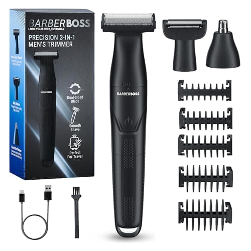Image of BarberBoss 3-in-1 Men’s Precision Trimmer, Beard and Hair Grooming Kit for Men, Body Groomer, Nose & Ear Trimmer, Rechargeable Cordless Shaver with USB Charging, 3-in-1 Men’s Shaver, QR-2301 (Black)