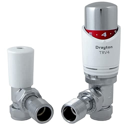Image of Drayton TRV4 Classic Thermostatic Radiator Valve and Lockshield Angled 15mm White and Chrome TRV Thermostat 07 05 180