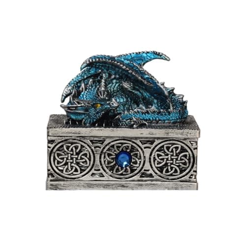 Image of KINBENNOBLE Mythic dragon statue jewellery box, Medieval retro rectangular trinket box with dragon lid, Square shape treasure chest, Old Silver finish with blue enamel dragon.