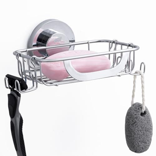 Image of TAILI Suction Soap Dish for Shower with Hooks, Max Hold 5 KG Soap Holder Shower for Bathroom, Wall Mount Sponge Tray, Removable Metal Bathtub Organizer, Drill-Free Sink Holder, Stainless Steel, Silver