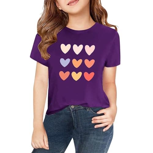 Image of Girls Heart T Shirts Cotton Kids Short Sleeve Athletic Tee Crew Neck School Clothes Personalized Tops Cute Graphic Summer Tshirt Casual Loose Basic Tee (Purple-b, 3-4 Years)